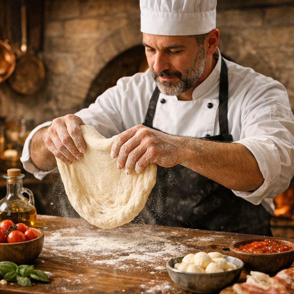 Chef preparing pizza dough