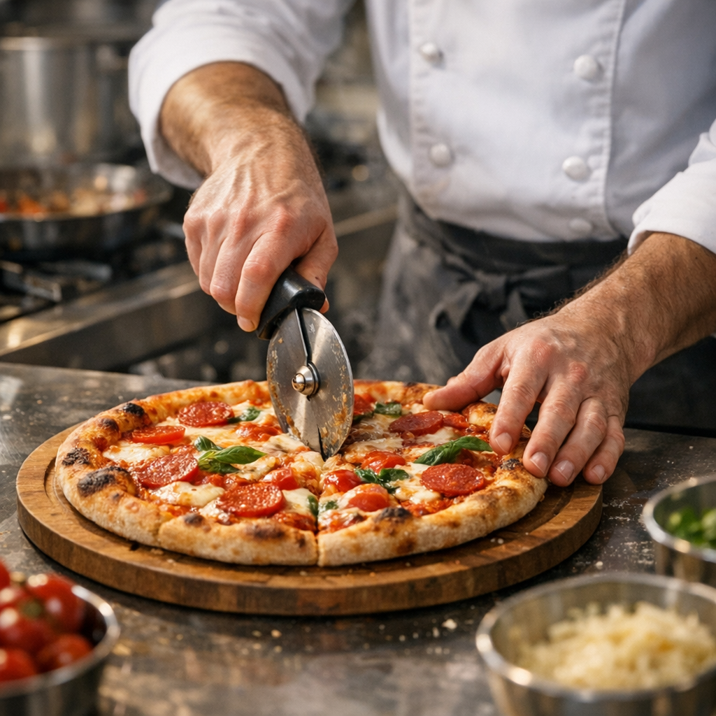Chef cutting fresh pizza
