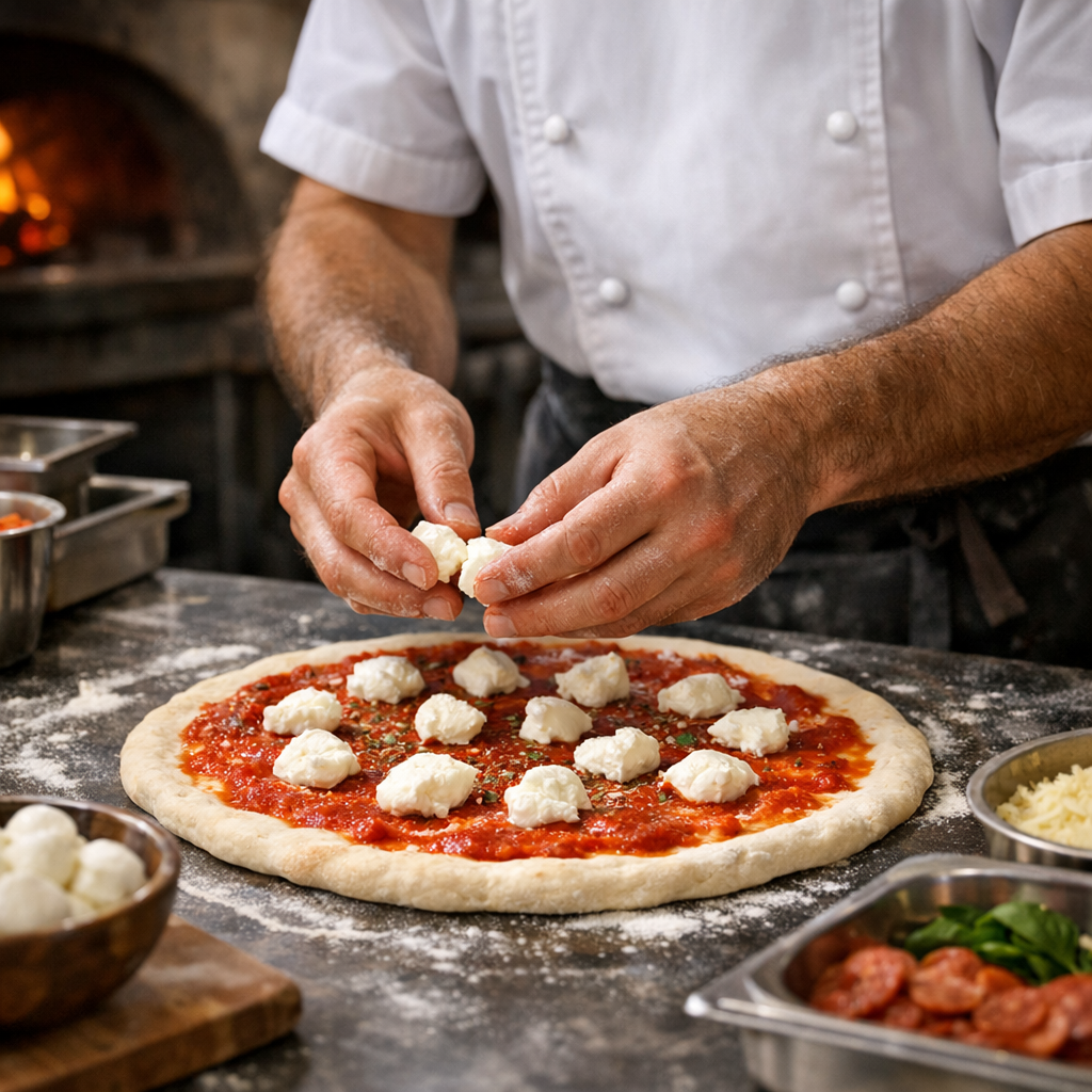 Pizza preparation with fresh ingredients